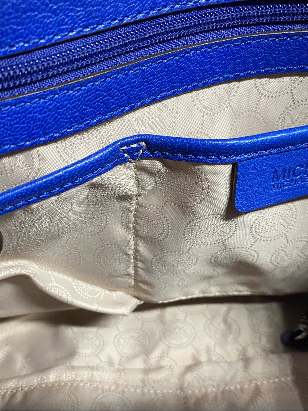 Michael Kors Cobalt Blue Leather Shoulder Bag with Ivory Jacquard Lining